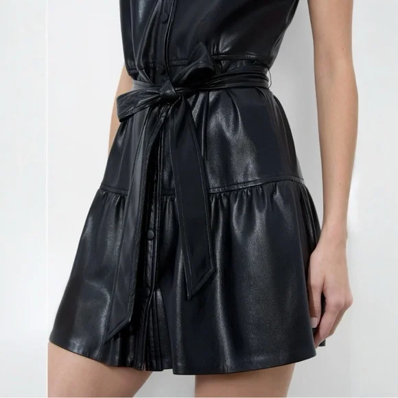Alice + Olivia Miranda Vegan Leather Tiered Button Down Sleeveless Mini Dress - Picture 12 of 16